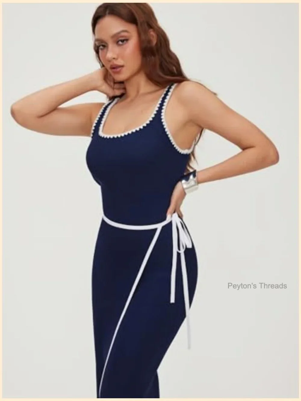 CIDER Women's Square Neck Ribbed Knit Midi Bodycon Dress with Tie Waist